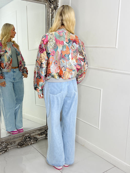 3D Floral Parrot Print Bomber Jacket - Multicoloured