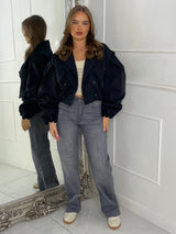 Crop Balloon Sleeve Trench Jacket - Black