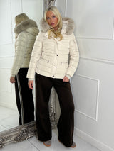 Padded Pocket Detail Faux Fur Hooded Jacket - Cream