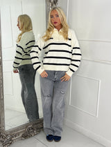 1/4 Zip Striped Jumper - Cream / Navy