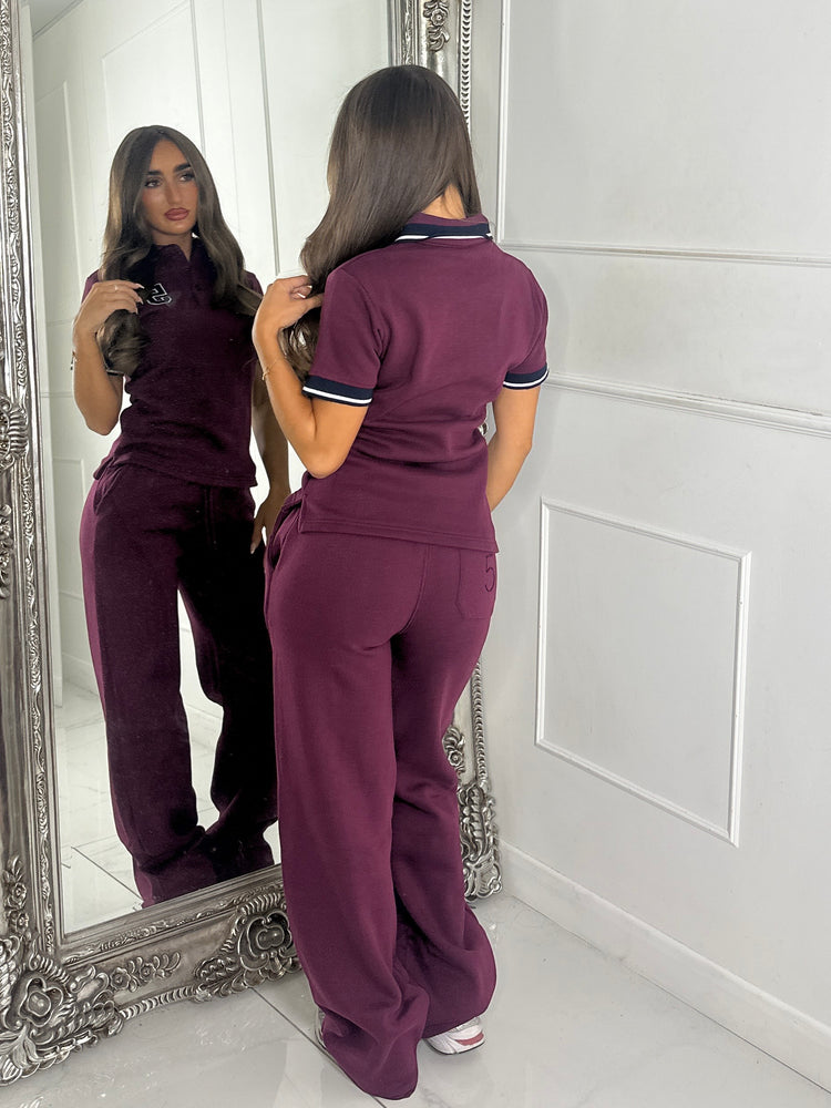 Soft Cotton Varsity Number Detail Matching Shirt & Straight Leg Joggers Set - Wine