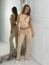 Slinky Foldover Flares and Cut Out Crop Top Co ord - Beige