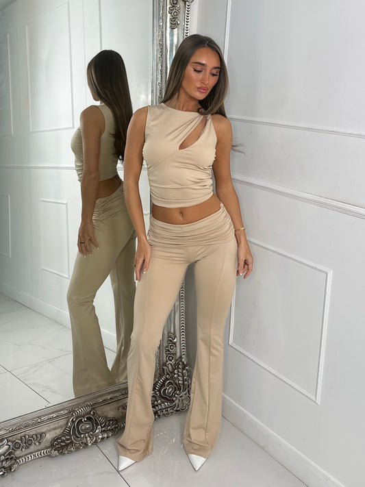 Slinky Foldover Flares and Cut Out Crop Top Co ord - Beige