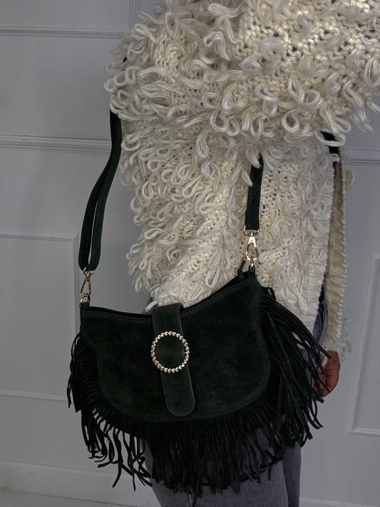 Suede Silver Buckle Detail Tassle Bag - Khaki
