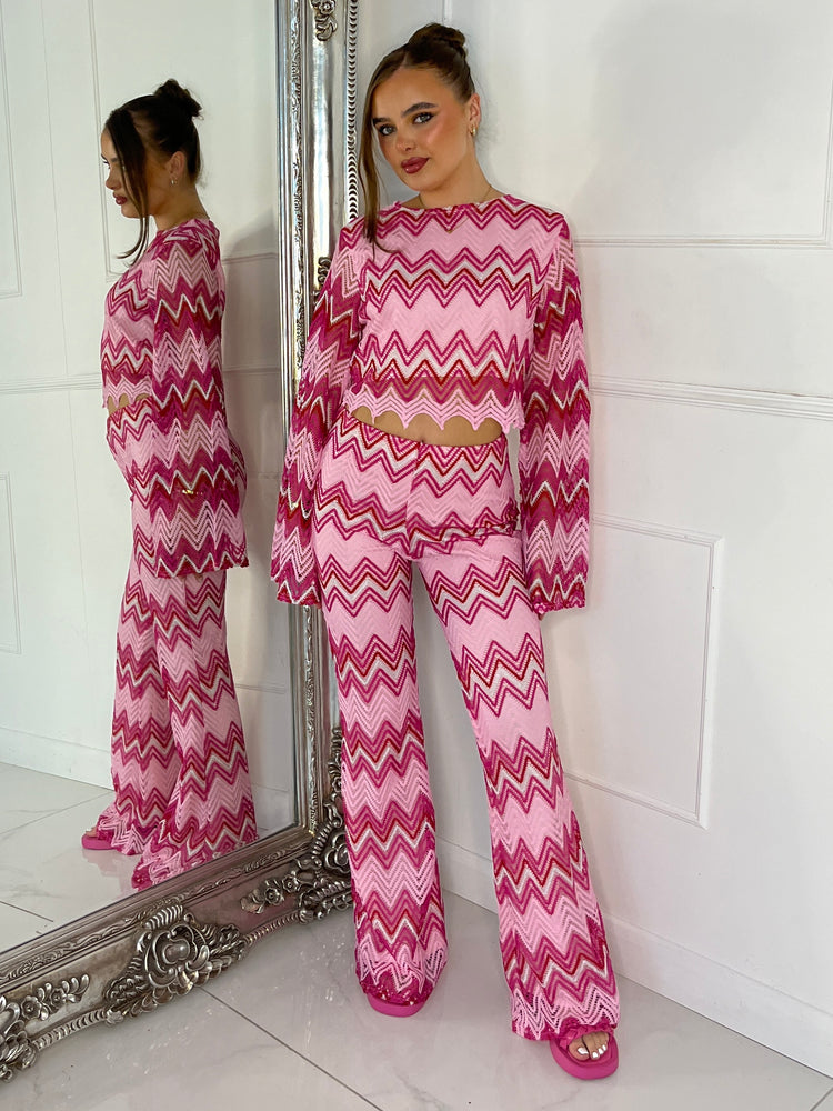 Knitted Crochet Flared Sleeve Top & Flared Pants Co-ord - White/Pink