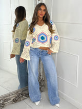 Flare sleeve V Neck Crochet Top - Beige/Multi Five