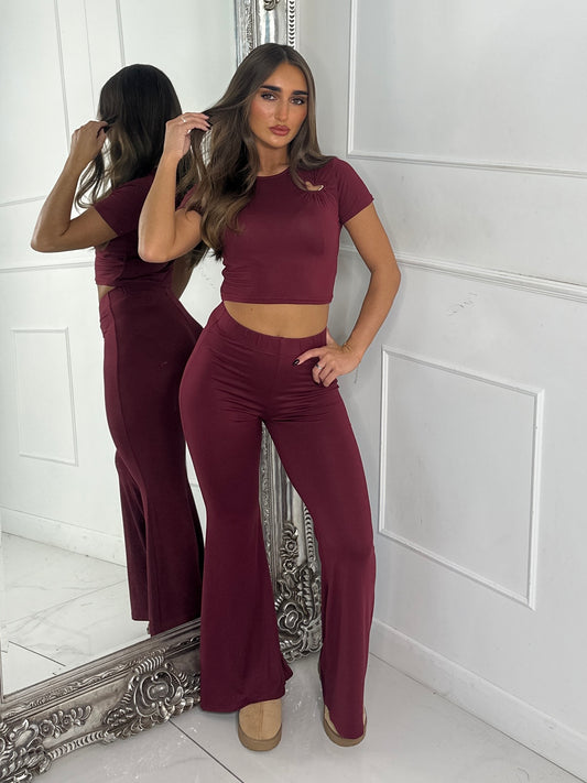 Heart Detail Crop Top & Wide Leg Pants Set - Wine