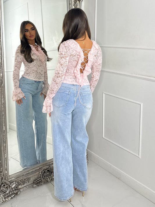 Lace Tie Front Frill Detail Long Sleeve Top - Baby Pink