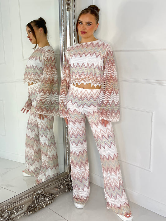 Knitted Crochet Flared Sleeve Top & Flared Pants Co-ord - White/Beige