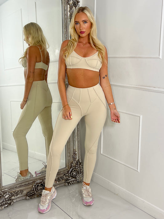 Seam Detail Bra & Leggings Set - Beige