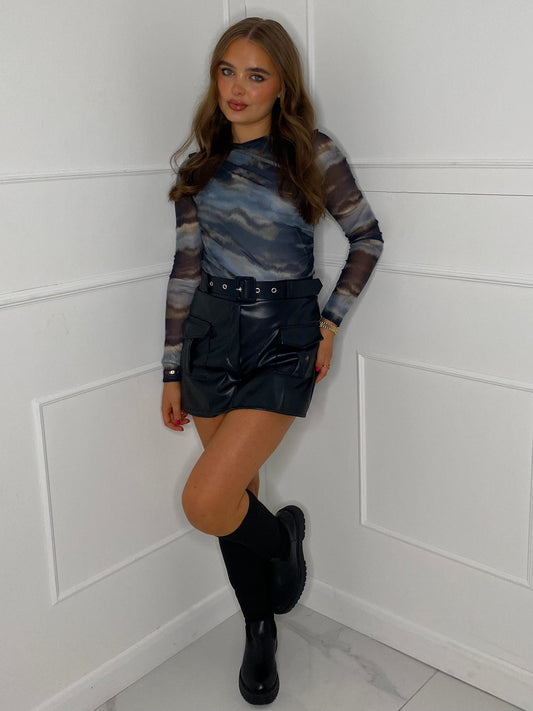 Mesh Long Sleeve Bodysuit - Navy/Light Blue