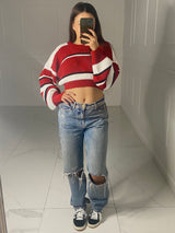Striped Cropped Knitted Jumper -  Red