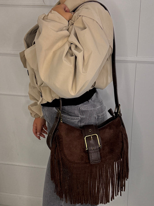 Suede Tassel Leather Strap Detail Shoulder Bag - Brown