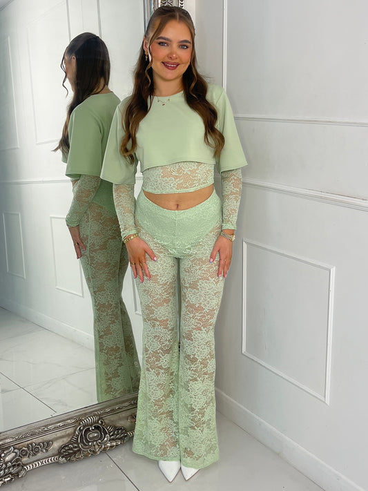Round neck Lace Sleeves Crop Tee & Built In Black Knicker Underlayer Lace Flares Co-Ord - Sage Green