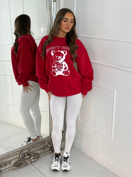 Oversized Sporty Season Teddy Bear Sweatshirt - Red & White