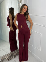 Button Slit Front Detail Waistcoat & Kick Flares Set - Wine