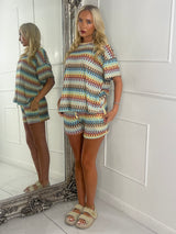 Knitted Crochet Oversized Tee & Matching Shorts Set - Yellow Multi Swirl