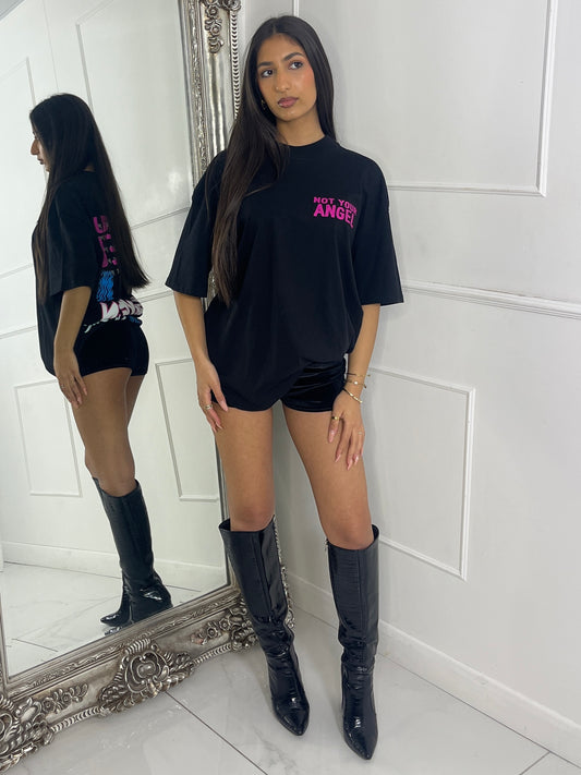 Ribbed Collar Oversized T-Shirt - Black Not Your Angel Print