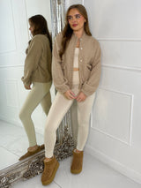 Teddy Cropped Pocket Detail Bomber Jacket -Dark Beige