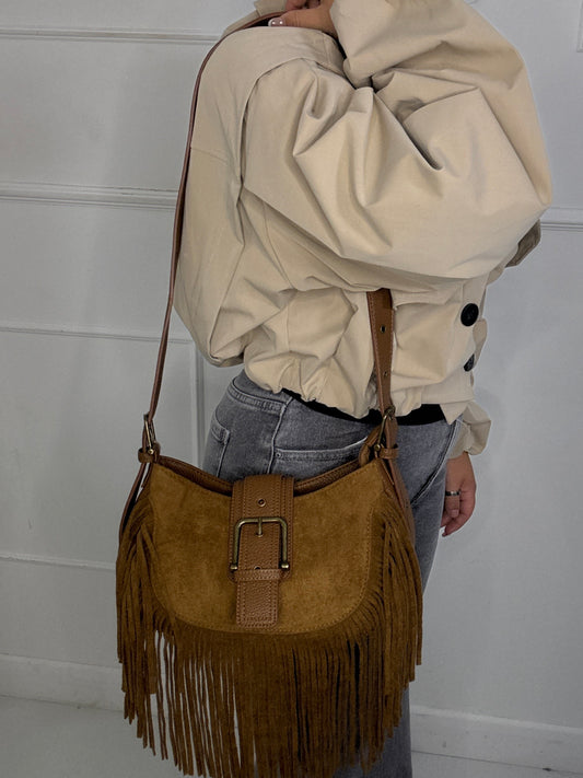 Suede Tassel Leather Strap Detail Shoulder Bag - Tan