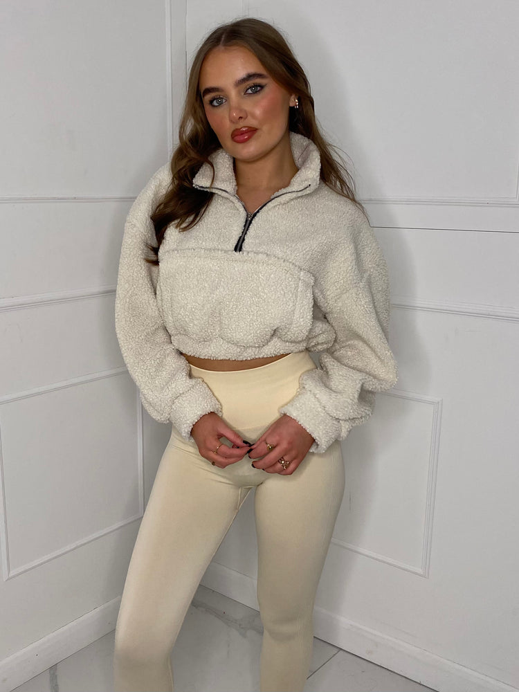 Cropped Zip Front Teddy Fur Top - Cream