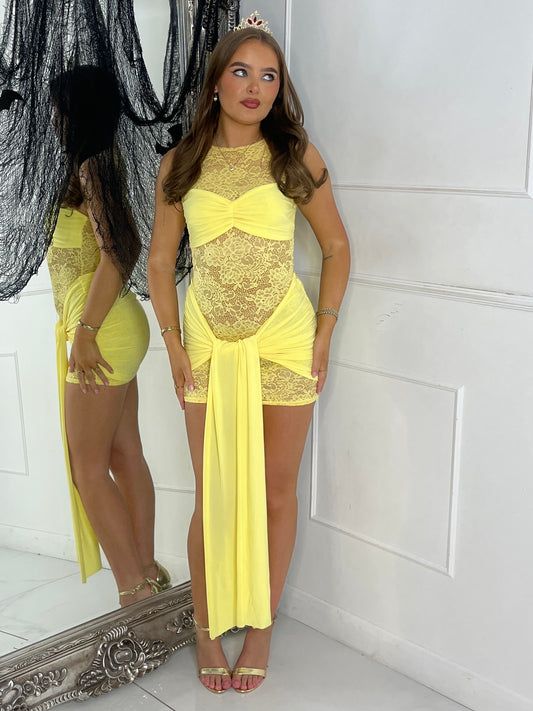 Sleeveless Lace Underlayer Detail Drape Dress - Yellow