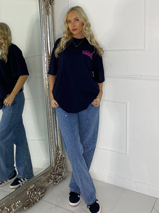 Ribbed Collar Oversized T-Shirt - Navy Not Your Angel Print