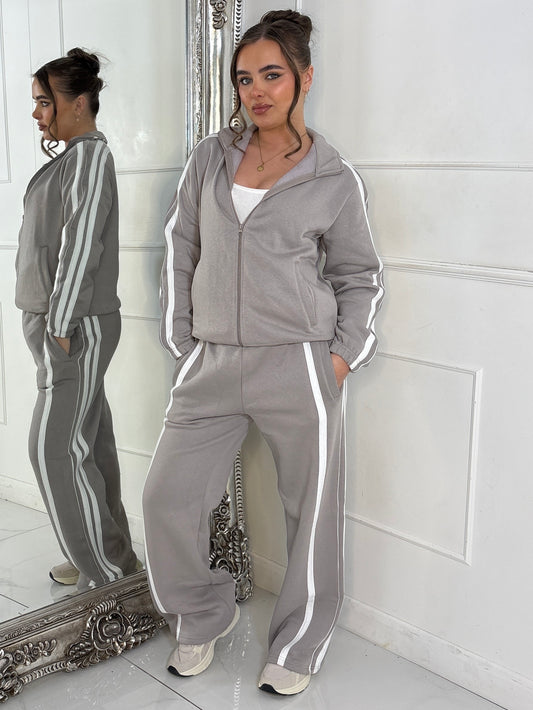 Side Stripe Collared Zip Up Jacket & Joggers Tracksuit - Dove Grey