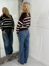 1/4 Zip Striped Jumper - Brown / Cream