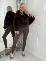 Tiered Faux Fur Round Neck Jacket - Brown