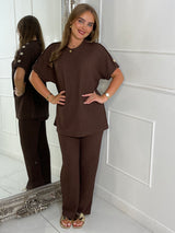 Gold Button Detail Oversized Top & Wide Leg Pants Co-Ord - Brown