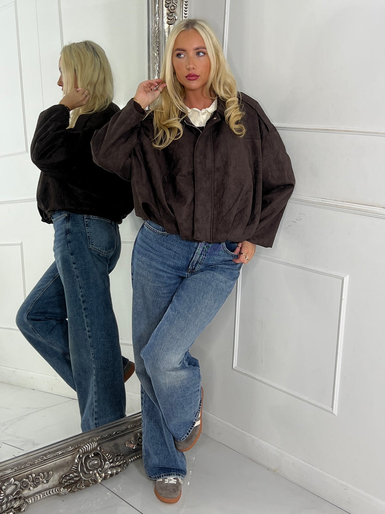Suede Collared Oversized Bomber Jacket - Brown