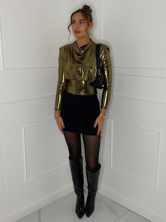 Metallic Padded Shoulder Top - Gold