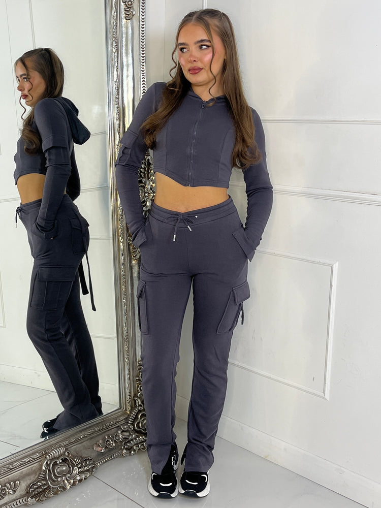 Corset detail hooded top & Ruche Back pocket Joggers Set - Charcoal Grey