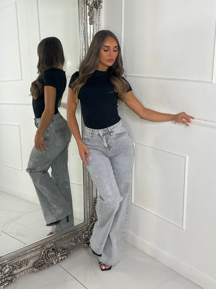Ombre Diamante Wide Leg Jeans - Grey Denim