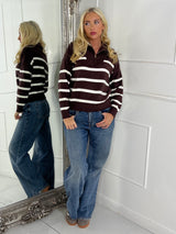 1/4 Zip Striped Jumper - Brown / Cream