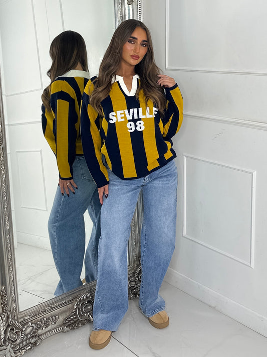 ‘Seville 98’ Striped Varsity Jumper - Yellow/Navy
