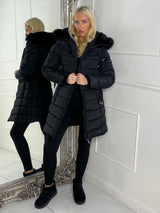 Long Padded Belted Coat With Faux Fur Hood - Black