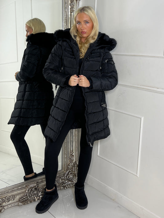 Long Padded Belted Coat With Faux Fur Hood - Black