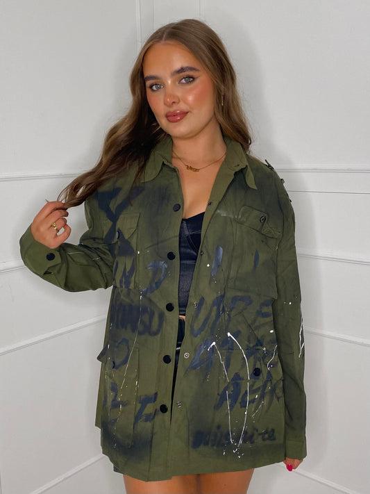 Oversized Graffiti Print Jacket - Khaki