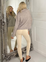 Zip Up Detail Long Sleeve Cropped Knitted Ribbed Jumper-Taupe