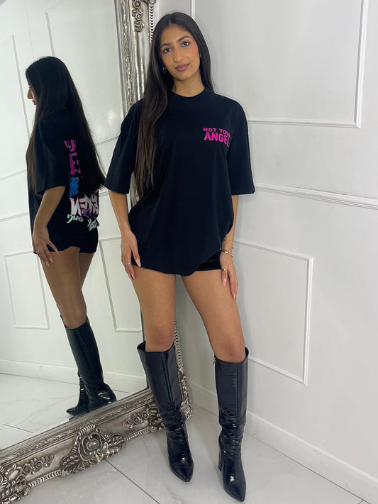 Ribbed Collar Oversized T-Shirt - Black Not Your Angel Print