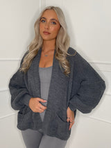 Balloon Sleeve Knitted Cardigan - Dark Grey