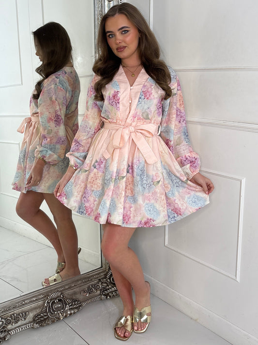 Floral Linen Tie Belt Flowy Dress - Pink Multi