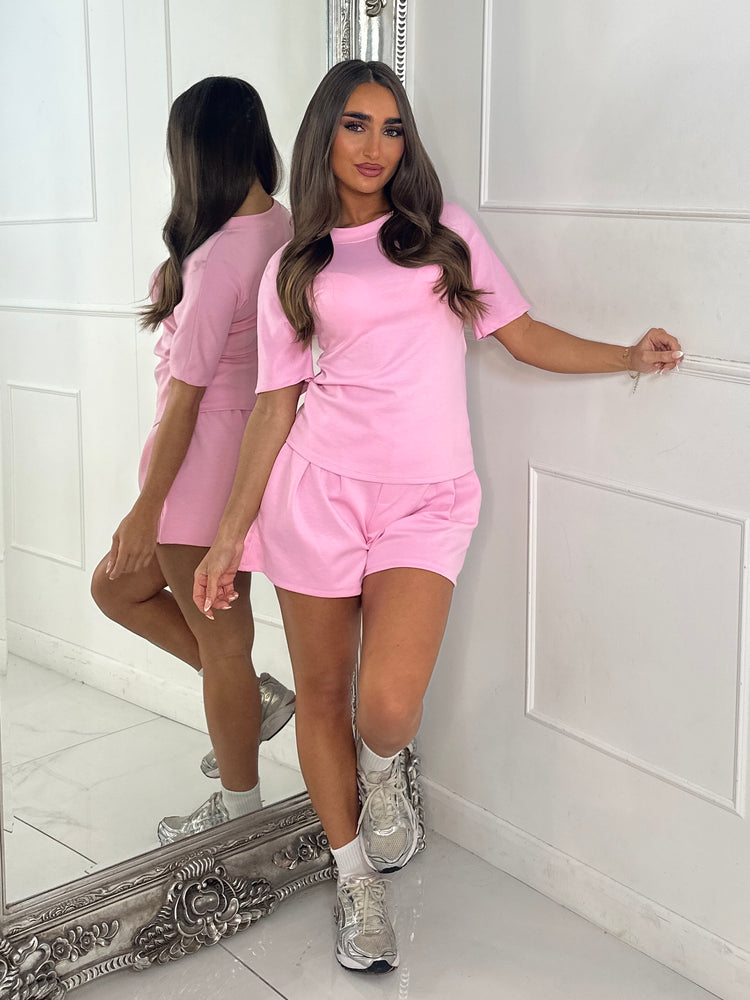Elasticated Tailored Look Shorts & Cinch Waist Top Co-Ord - Baby Pink