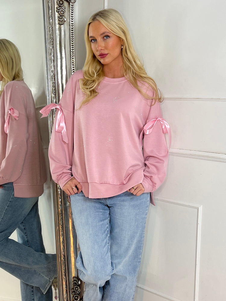 Diamante Scattered Bows Detail Jumper - Baby Pink