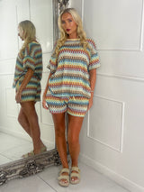 Knitted Crochet Oversized Tee & Matching Shorts Set - Yellow Multi Swirl