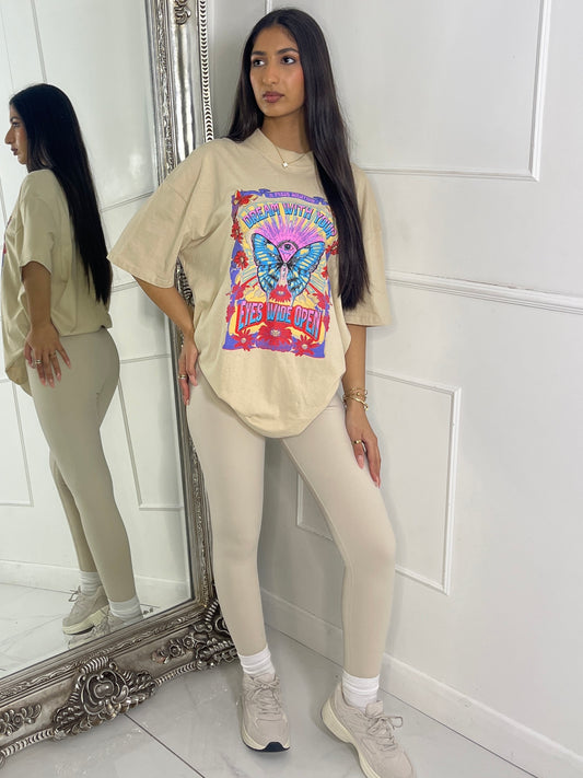 Ribbed Collar Oversized T-Shirt - Beige Butterfly Print