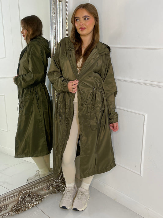 Longline Drawstring Detail Windbreaker Jacket - Khaki