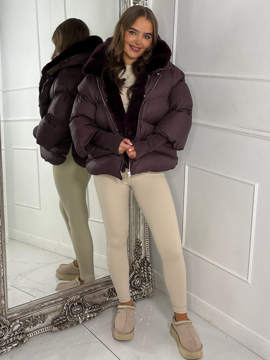 Hooded Puffer Coat With Faux Fur Trim - Brown